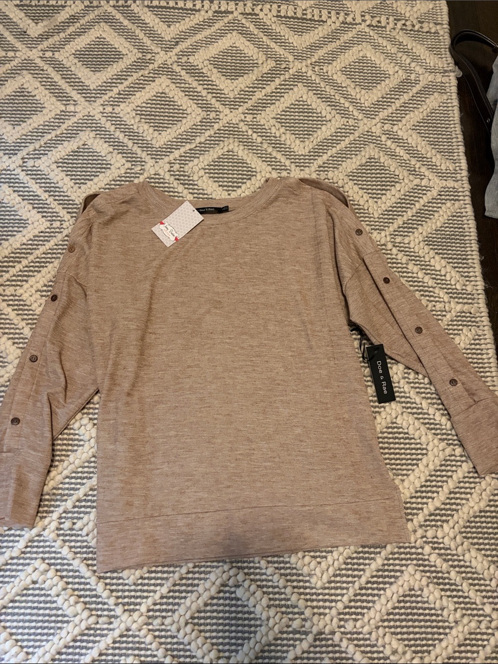 Doe & Rae Women’s Taupe Crewneck Sweater with Button-Sleeve Detail
